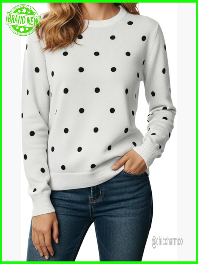 Polka Dot Crewneck Sweater Pullover Soft Knit Top Long Sleeve Cozy